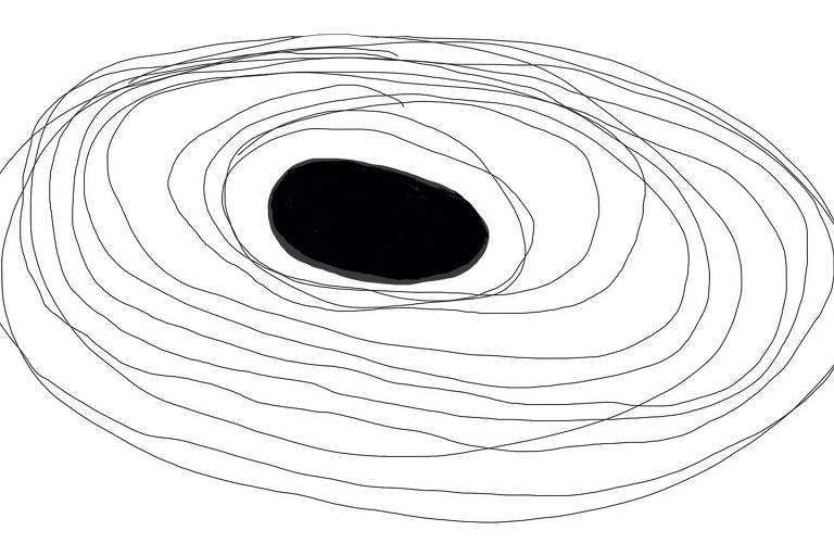 Ilustração abstrata de forma circular preenchida preta no centro da composição. Em volta da formal central, há diversas linhas concêntricas e irregulares