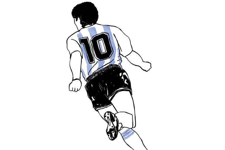 Ilustração de Maradona correndo e vestindo camisa azul e branca com o número 10 e bermuda preta