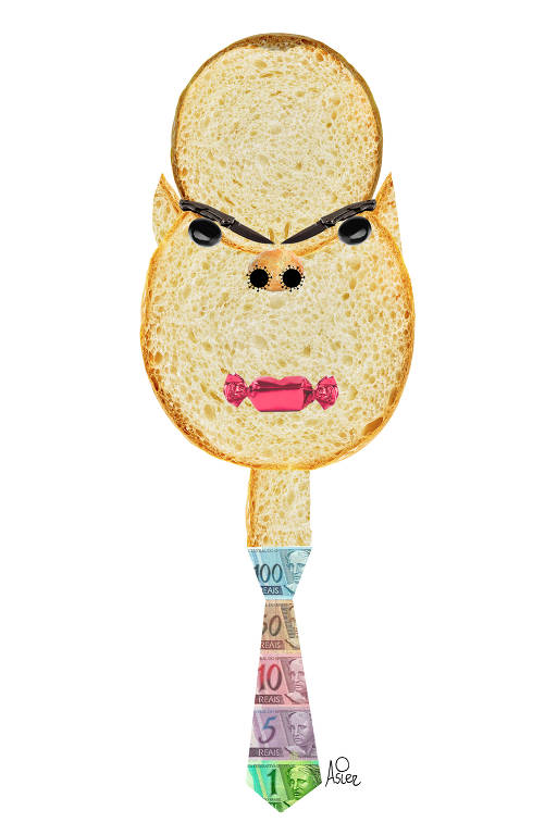 retrato do bruno covas feitas sob encomenda pelo ilustrador espanhol Asier Sanz, o retrato é feito com pão, bala com cédulas de dinheiro.