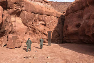 An image provided by the Utah Department of Public Safety, a monolith discovered by wildlife officials in southeastern Utah, Nov. 18, 2020. (Utah Department of Public Safety via The New York Times)