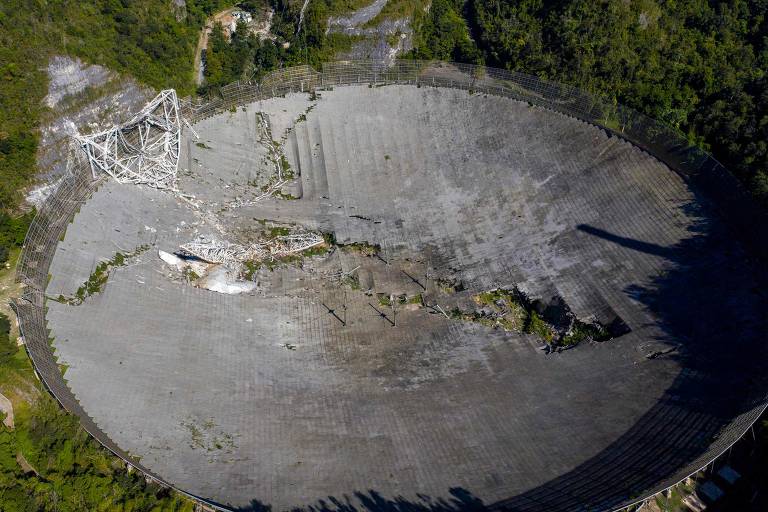 O Observatório Arecibo, em Porto Rico, que desmoronou em 2020 após seus cabos se romperem e provocarem a queda de uma estrutura de 900 toneladas em cima do prato