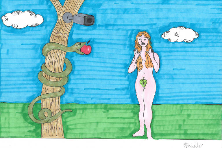 Ilustração mostra Eva, a serpente com a maçã na boca e uma câmera de filmar instalada na árvore onde a serpente está enroscada