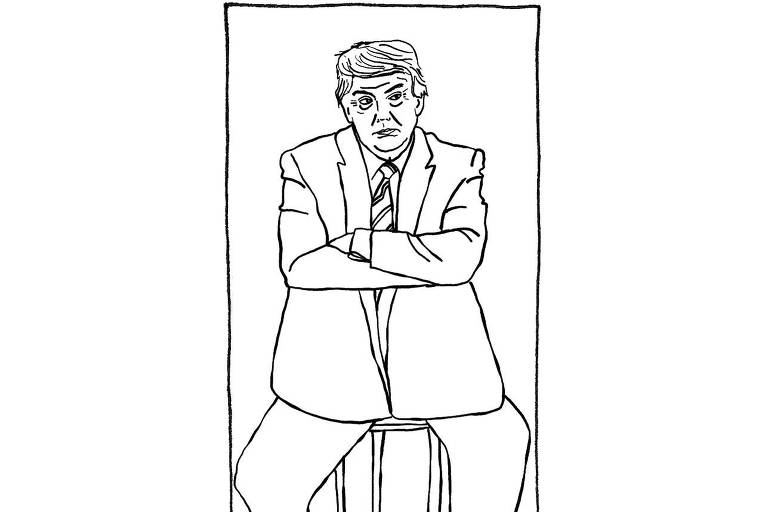 Ilustração de Trump vestindo terno e meias sentado em um banco com os braços cruzados e expressão séria