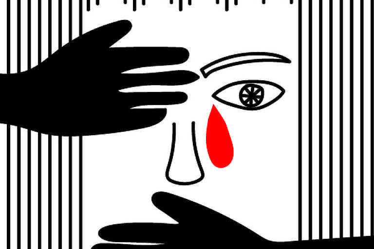 Desenho de pessoa sendo calada por "mãos" e chorando
