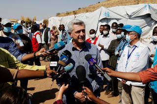 The United Nations High Commissioner for Refugees (UNHCR) Filippo Grandi talks to members of the media at Um Rakuba refugee camp, on the Sudan-Ethiopia border