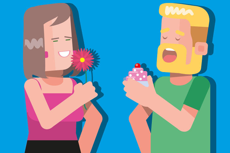 ilustração de uma mulher cheirando uma flor e um homem comendo cupcake