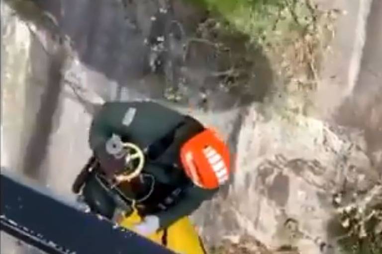 Cachorro é resgatado de helicóptero após cair de morro; veja o vídeo