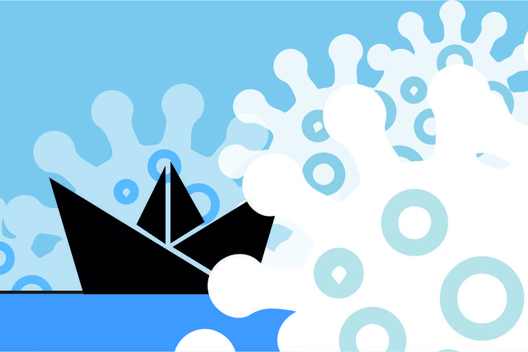 Na ilustração, um barquinho de papel preto está sobre água azul, e ao redor dele, formas brancas com formato similar ao do coronavírus