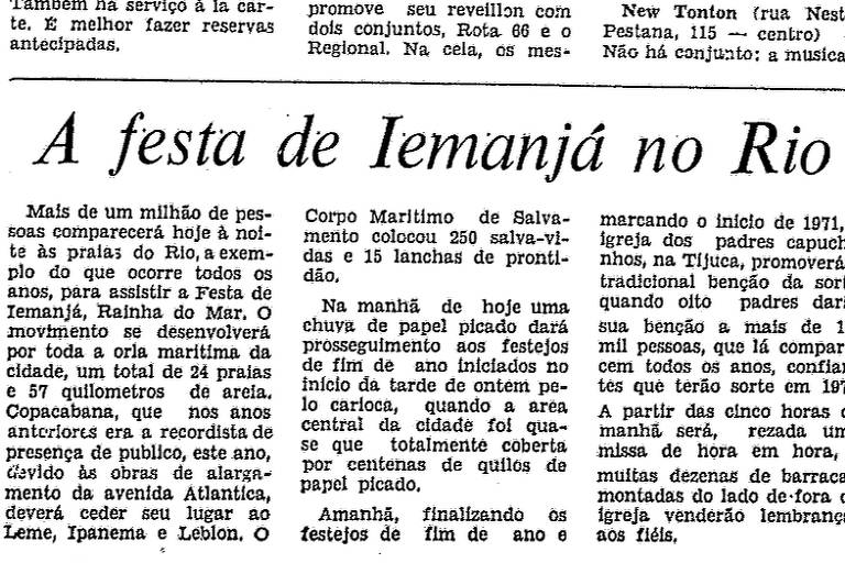 Nota publicada no dia 31 de dezembro de 1970 com primeira menção às festas de ano novo em Copacabana