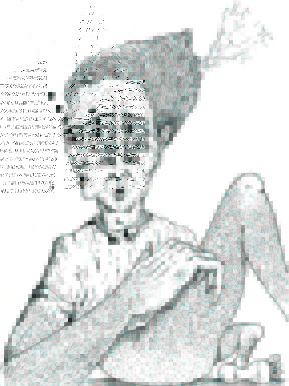 Um desenho em branco e preto de uma figura humana com muitos olhos na cabeça