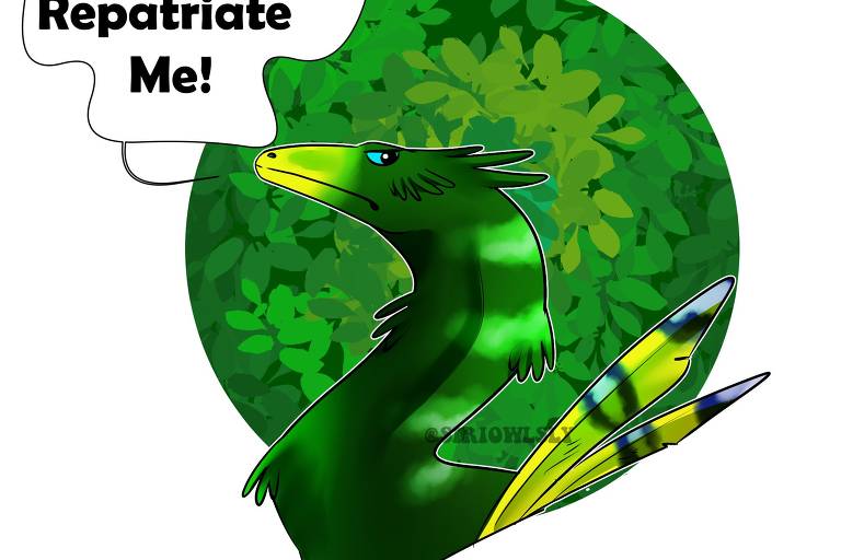 Desenhos publicados em redes sociais em campanha para que o fóssil de Ubirajara jubatus, novo dinossauro brasileiro, seja repatriado