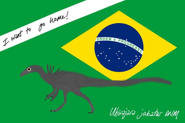 Desenhos publicados em redes sociais em campanha para que o fóssil de Ubirajara jubatus, novo dinossauro brasileiro, seja repatriado