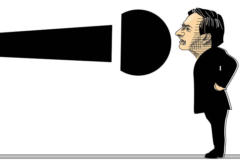 na ilustração, o presidente jair bolsonaro fala em um microfone preto gigante
