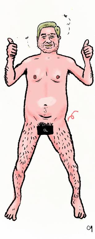 Homem sem as roupas, com uma tarja preta na região genital