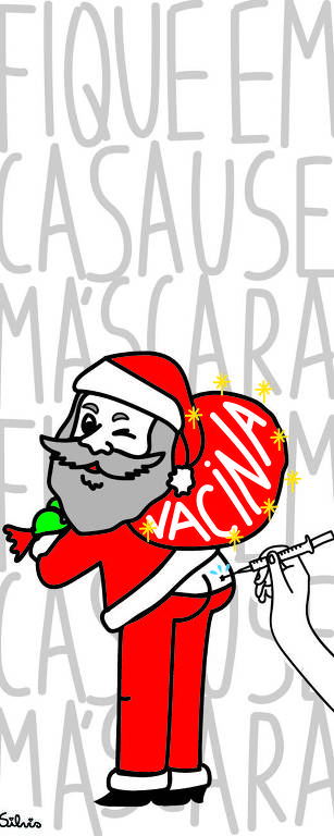 Papai Noel carrega saco de presente escrito "Vacina" enquanto recebe uma injeção na bunda