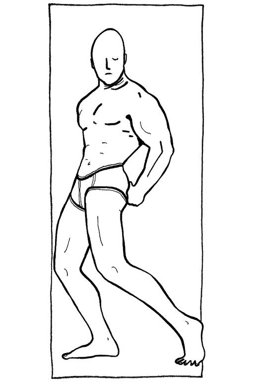 Ilustração de homem musculoso, de cueca, com as mão pra trás