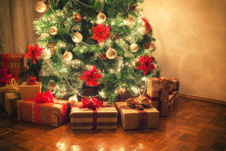 Christmas gifts in front of Christmas tree