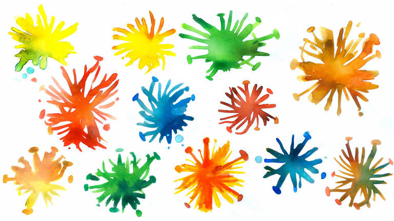 Ilustração de 12 vírus coloridos em aquarela