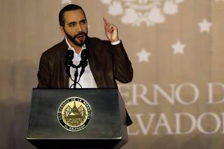 El Salvador's President Nayib Bukele speaks at a promotion ceremony from policemen to corporals in San Salvador