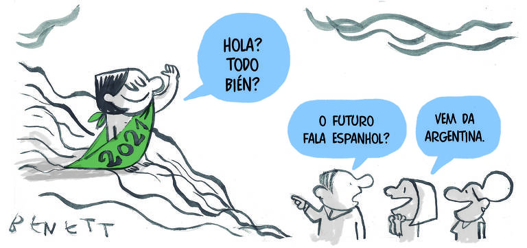 Descendo um morro, uma pessoa com uma faixa verde em volta do corpo e com o escrito "2021" fala: "Hola? Todo bién?". Um homem pergunta a duas mulheres sorridentes: "O futuro fala espanhol?". Uma delas responde: "Vem da Argentina."
