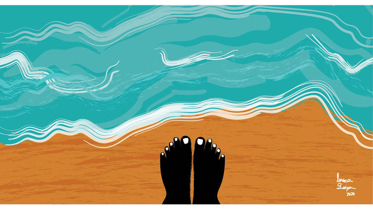 Ilustração de dois pés descalços na areia vistos de cima, como se a pessoa estivesse olhando para seus próprios pés, com o mar logo na frente