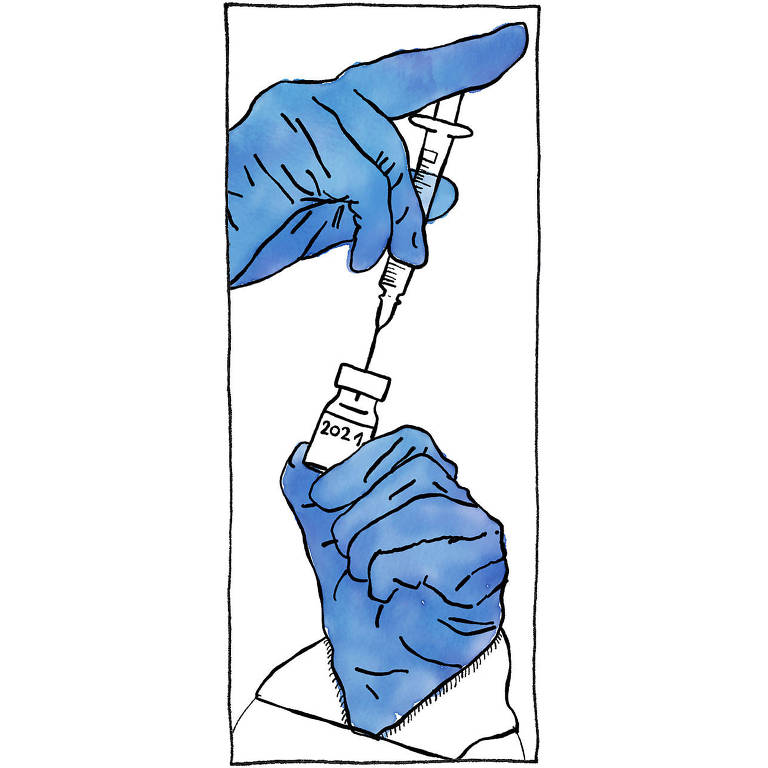 Ilustração de duas mãos com luvas azuis retirando o líquido da vacina de sua embalagem com uma seringa. Na embalagem, há escrito 2021