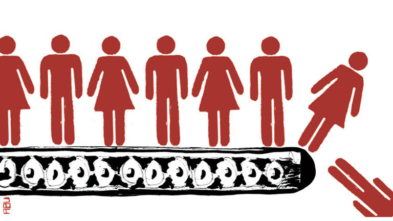 Ilustração de uma esteira com homens e mulheres alternados e enfileirados lado a lado. No fim da esteira, eles caem
