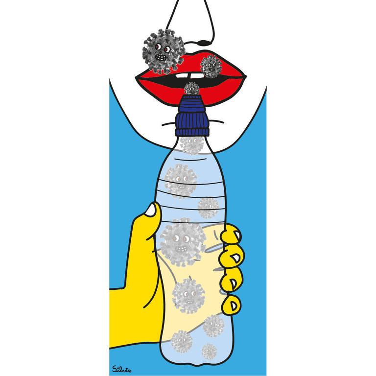 Ilustração de uma mão segurando uma garrafa de plástico cheia de vírus perto de um rosto. Alguns vírus saem da garrafa em direção ao nariz da pessoa