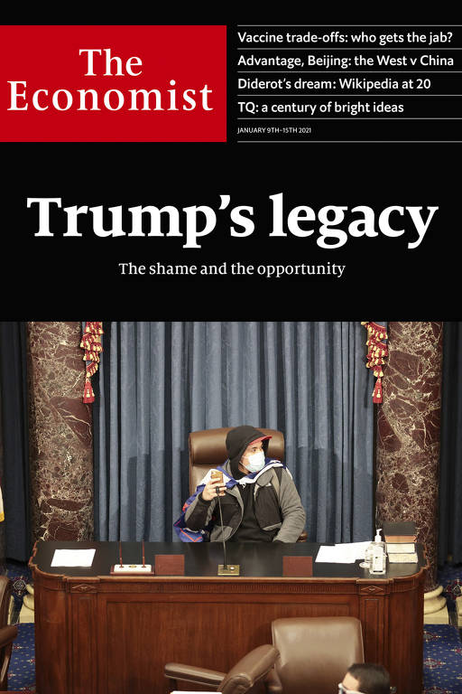 A britânica The Economist, em sua edição semanal, fala sobre "O legado de Trump", com a foto de um apoiador do presidente sentado na cadeira principal do Congresso americano