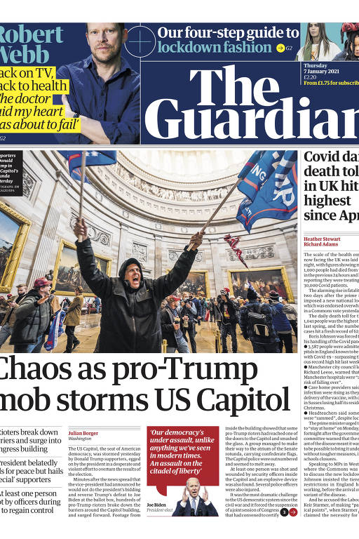 O também britânico The Guardian é outro que utiliza o termo "mob" em sua capa nesta quinta (7). "Caos em invasão ao Capitólio por multidão pró-Trump"