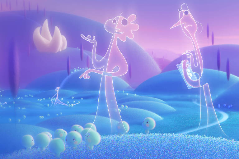 Imagem da animação 'Soul' mostra universo onde almas moldam suas personalidades antes de virem para a Terra. Cena mostra, em um campo com colinas azuis e um céu arroxeado, figuras translúcidas caminhando e instruindo as pequenas almas. 