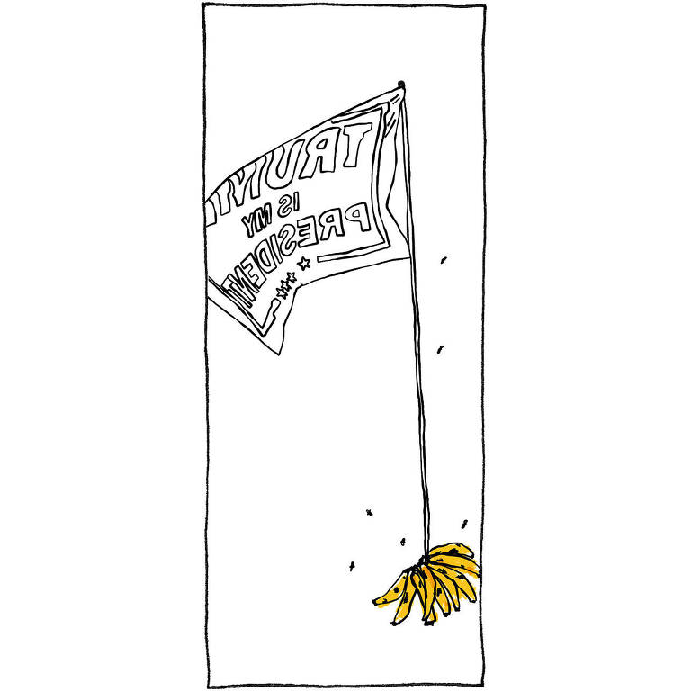 Ilustração de bandeira com a frase "Trump is my president" hasteada com a base do mastro presa em um cacho de bananas