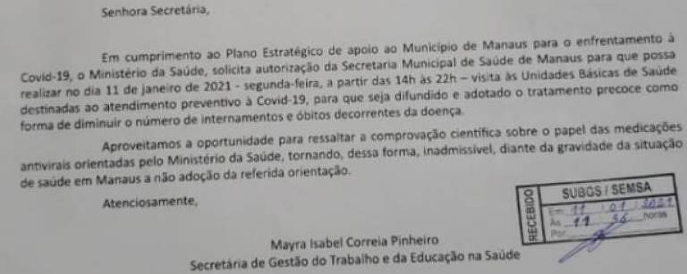 Trecho de ofício enviado pelo Ministério da Saúde à Prefeitura de Manaus