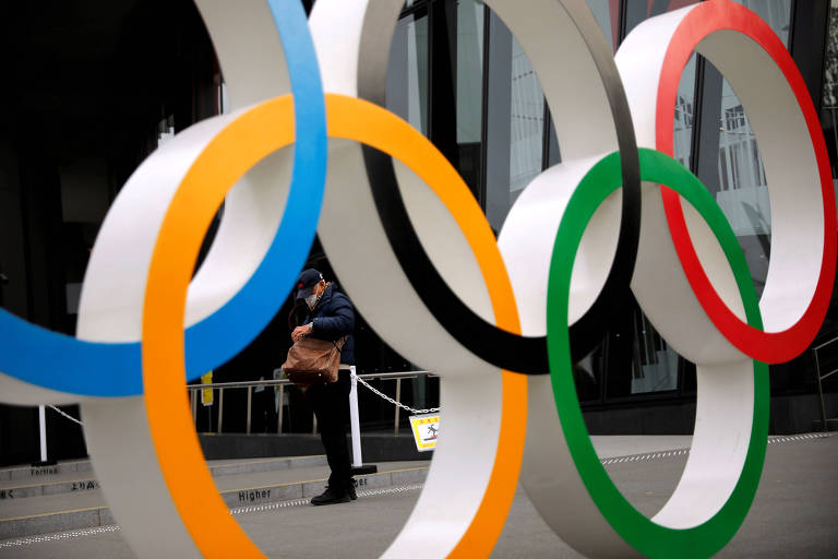 Homem de máscara próximo aos anéis olímpicos em Tóquio, sede dos Jogos