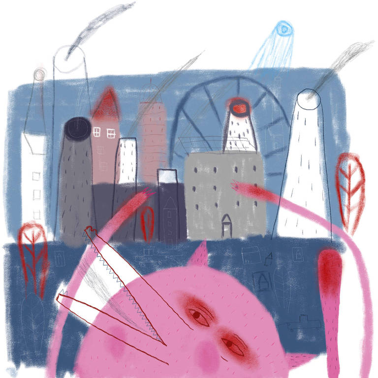 Ilustração com uma cidade no fundo e uma criatura que mistura características animais e humanas na frente