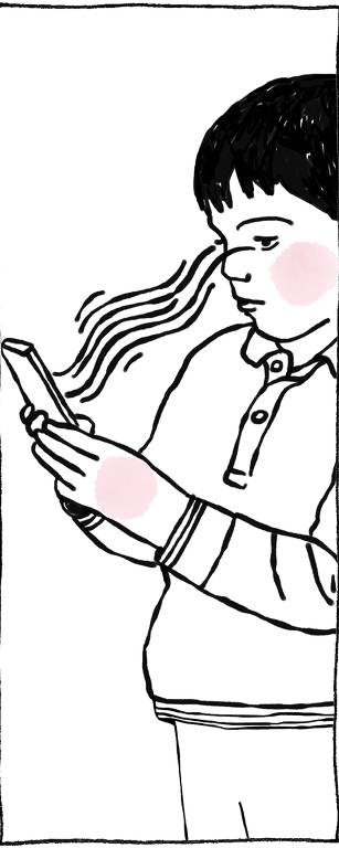 Ilustração mostra criança olhando fixamente para tela de celular