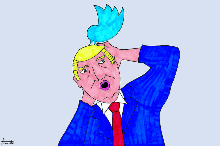 Um passarinho azul claro em forma de Twitter bicando a cabeça de Donald Trump, com o cabelo bem amarelo