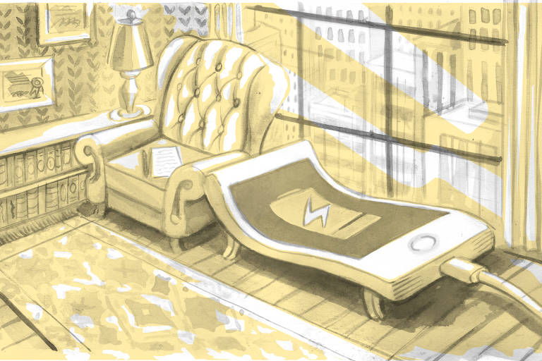 Ilustração em tons de amarelo, feita de aquarela, o cenário é uma sala de analista. A poltrona está vazia, apenas com uma folha e uma caneta no lugar. Ao invés de divã, um celular gigante recarregando