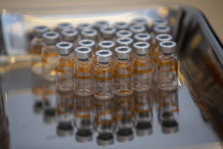 Ampolas de vacina contra a Covid-19 que estão sendo usadas na imunização de funcionários do HC de SP