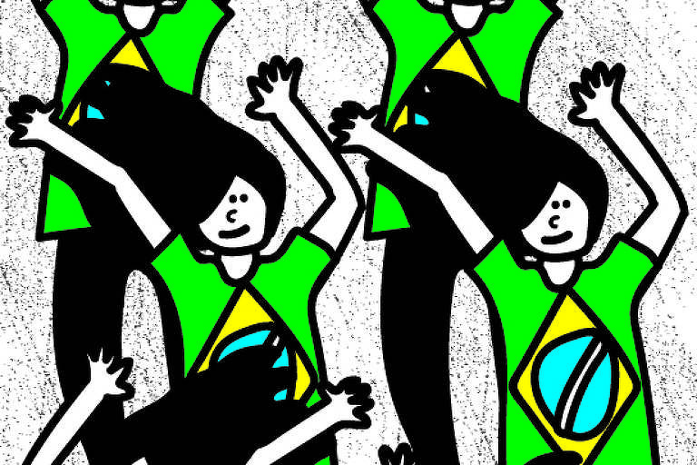 multidão de mulheres vestida com camisa do Brasil enquanto dança uma coreografia