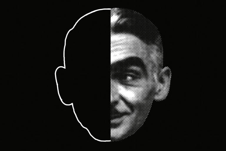 metade de fotografia de rosto de homem, metade sua silhueta em branco sobre fundo preto