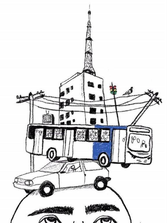 ilustração de uma cabeça, sobre a qual estão carros, um ônibus e um edifício com uma grande antena