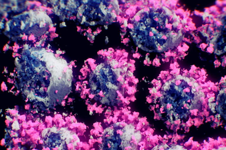 Imagem colorida mostra vírus do Sars-CoV-2 em cores azul e rosa