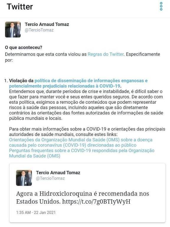 Twitter limita atividades do assessor presidencial Tércio Arnaud na plataforma após publicação de fake news