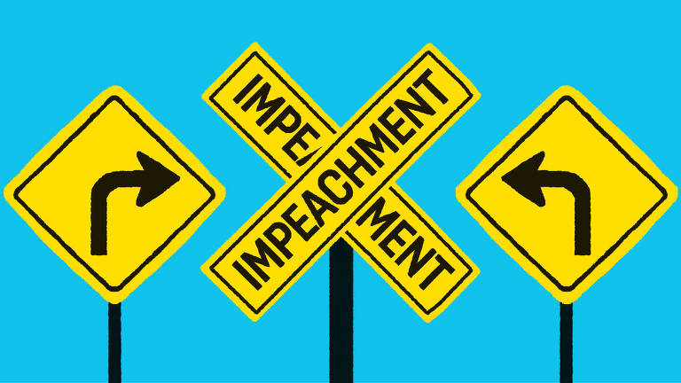 placas de trânsito com setas à direita e à esquerda apontam para uma placa central em que se inscreve 'impeachment'