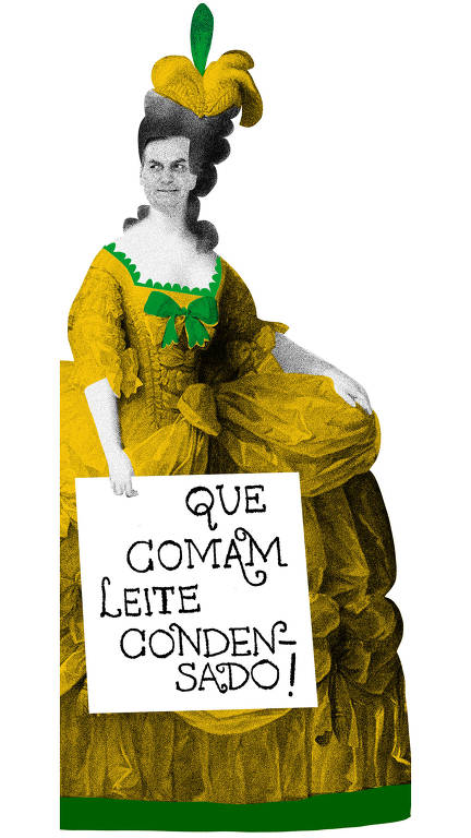 Colagem de Bolsonaro no corpo de Maria Antonieta com uma placa escrita "Que comam leite condensado"
