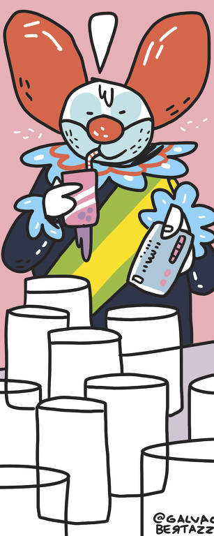 Palhaço aparece com cartão na mão, em frente a latas brancas