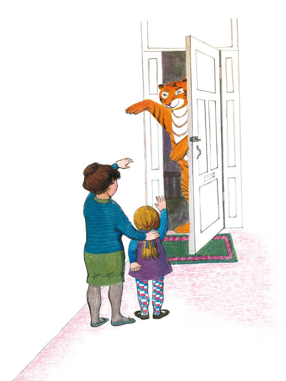 tigre dá tchau para criança e sua mãe ao sair por uma porta