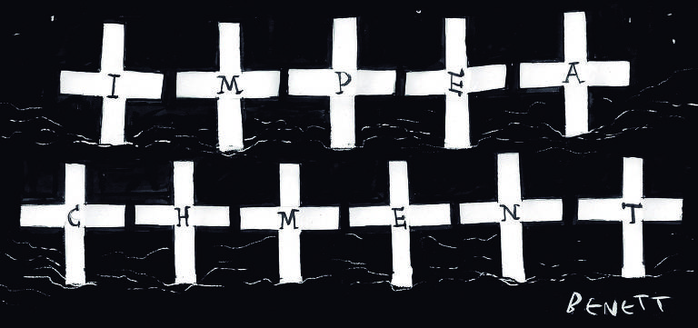 Sequência de cruzes brancas, com fundo preto, forma a palavra "impeachment"