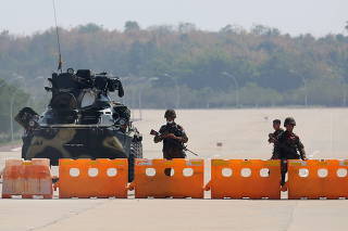 Myanmar's military checkpoint is seen on the way to the congress compound in Naypyitaw, Myanmar
